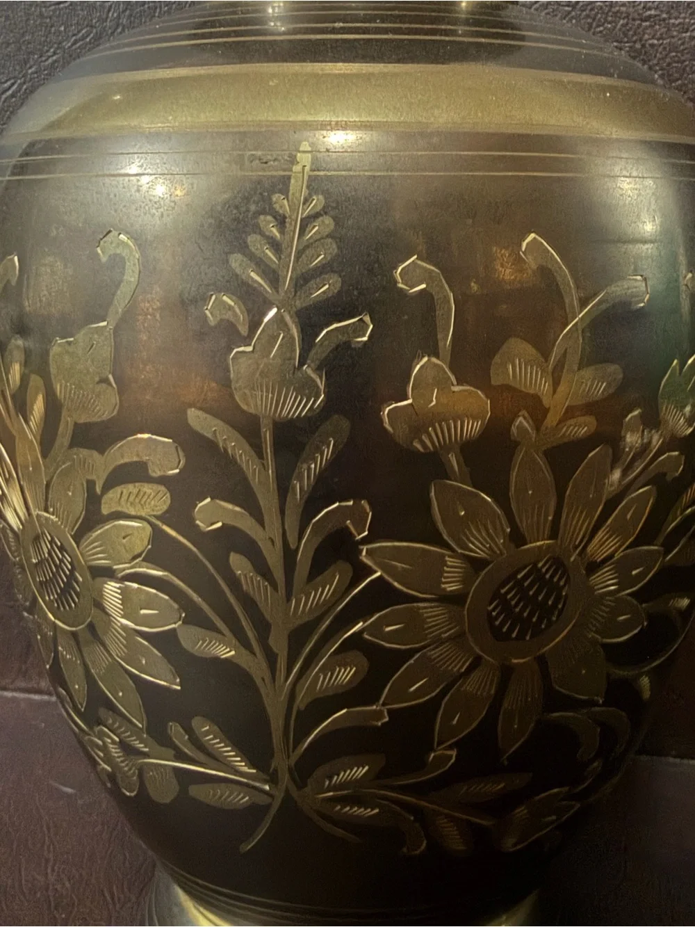 Vintage Engraved Brass Floral Vase Made in India 9”